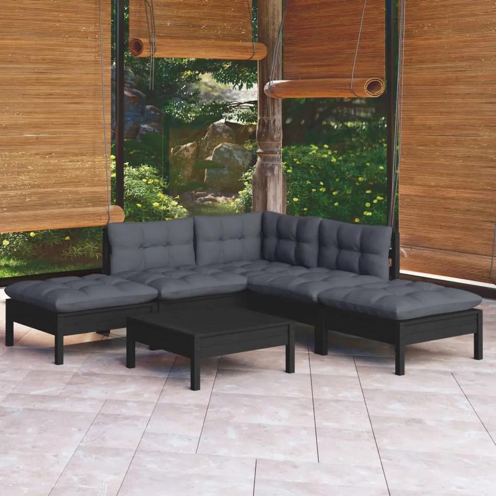 3096320 vidaXL Set mobilier de grădină cu perne, 6 piese, negru, lemn de pin