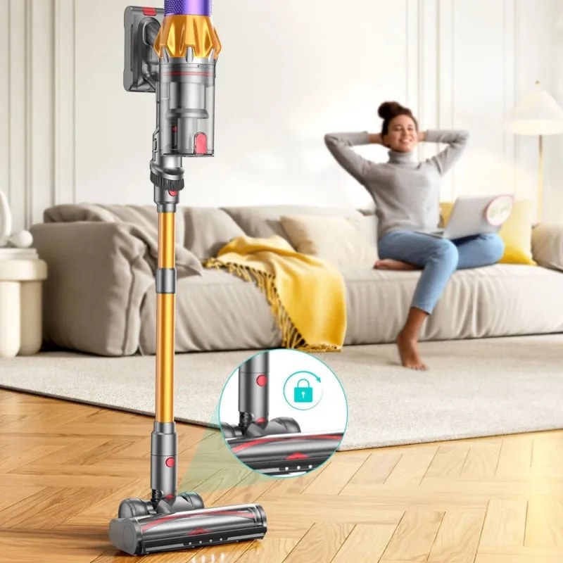 Aspirator vertical Honiture X7 CJD239, 550 W, 45 kPa, 1,5 l, 60 min, 3 moduri, Inaltime reglabila, Filtru HEPA, Ecran tactil, Perie cu LED, Nichel/Galben