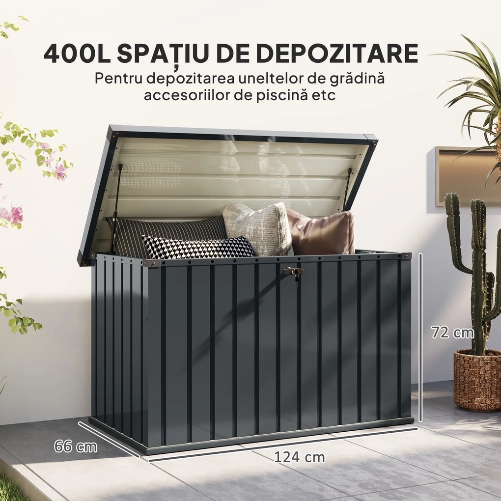 Outsunny Ladă de Exterior de 400L cu Capac cu Două Pârghii, Încuietoare și 2 Chei, 124x66x72 cm, Gri Închis | Aosom Romania