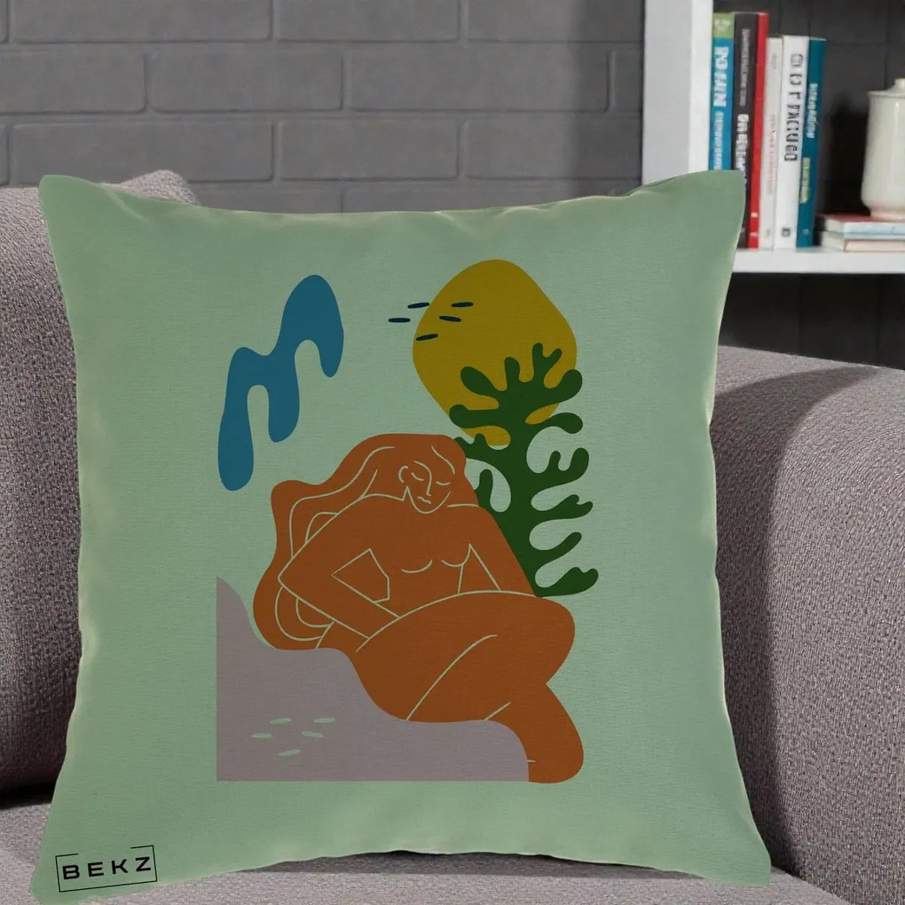 Perna Decorativa Femeie Portocalie Relaxata, 40x40 cm, Verde, Husa Detasabila, Perna Inclusa, BEKZ®