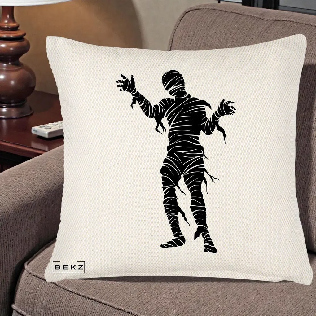 Perna Decorativa Mormii Infricosat Silueta Neagra Halloween, 40x40 cm, Crem Reliefat, Husa Detasabila, Perna Inclusa, BEKZ®