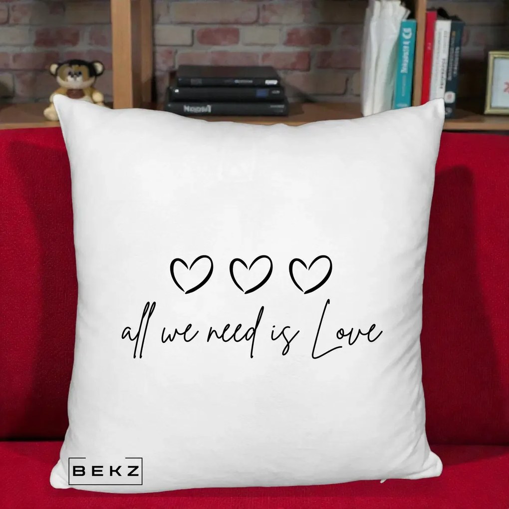 Perna Decorativa All We Need Is Love, 40x40 cm, Alb Pufos, Husa Detasabila, Perna Inclusa, BEKZ®