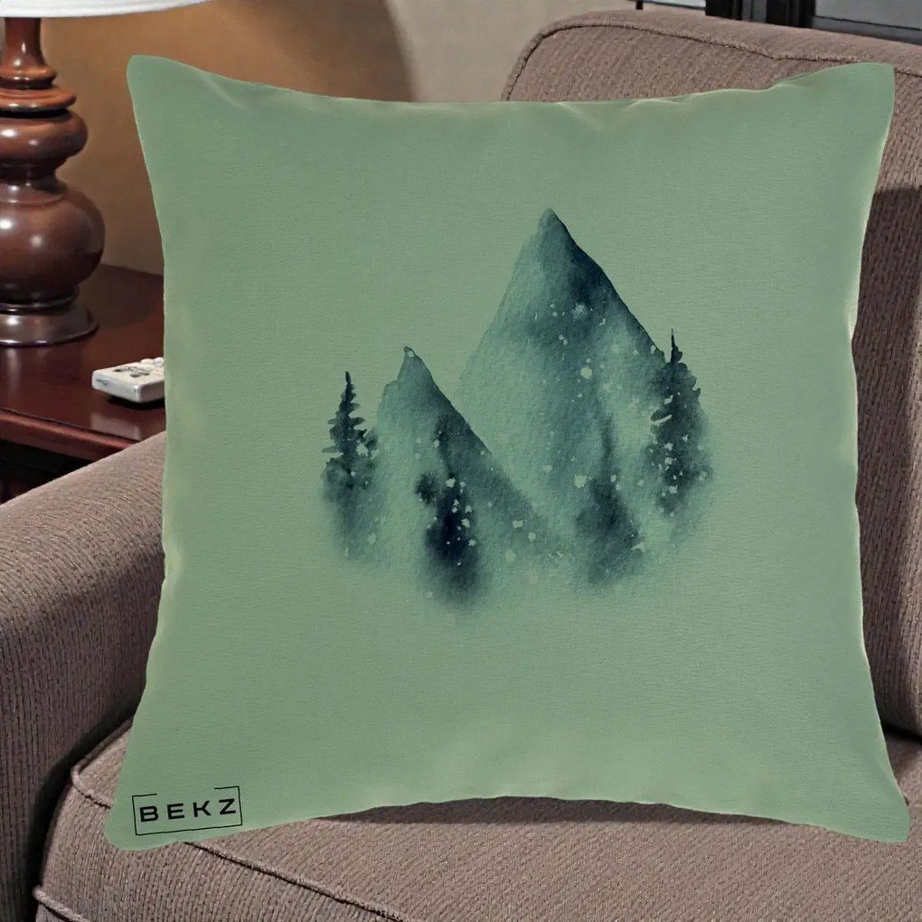 Perna Decorativa Munti Inzapeziti Acuarela Indigo, 40x40 cm, Verde, Husa Detasabila, Perna Inclusa, BEKZ®