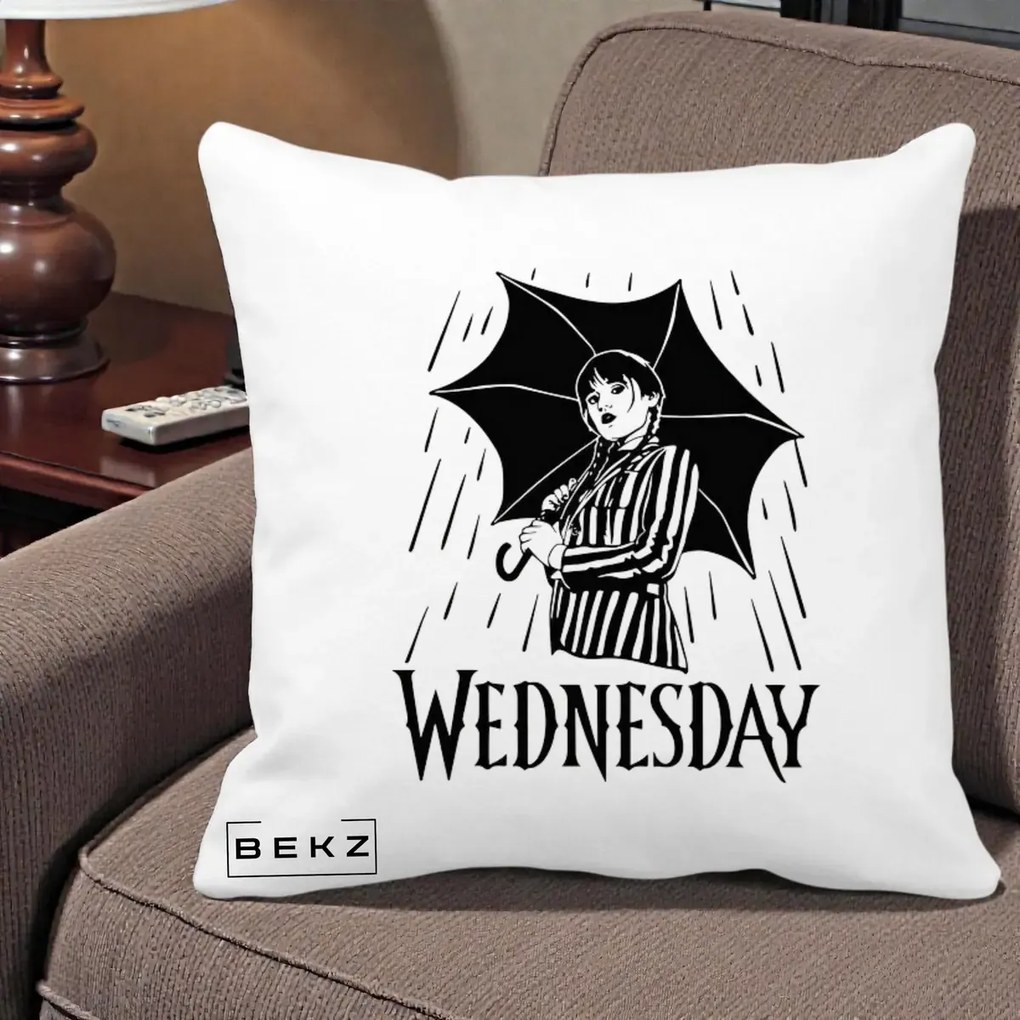 Perna Personalizata Wednesday cu Umbrela Ploaie Lineart, 40x40 cm, Alba Mata, Husa Detasabila, Perna Inclusa, BEKZ®