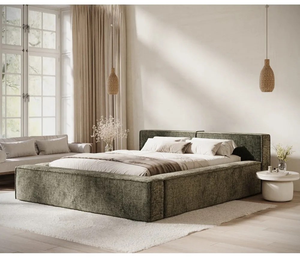 Pat matrimonial verde închis tapițat cu spațiu de depozitare cu somieră 160x200 cm Voliera – Maison de Rêve