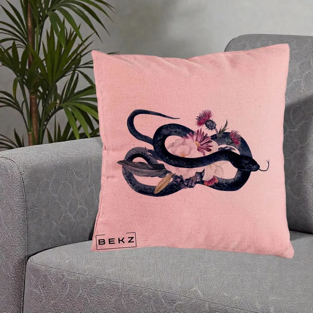 Perna Decorativa Sarpe Negru cu Flori Gothic, 40x40 cm, Roz, Husa Detasabila, Perna Inclusa, BEKZ®
