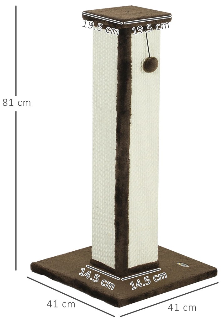 PawHut Griffoir pentru pisici, stâlp din sisal și puf, bilă suspendată, bază stabilă 41 x 41 x 81 cm, maro și crem | Aosom Romania