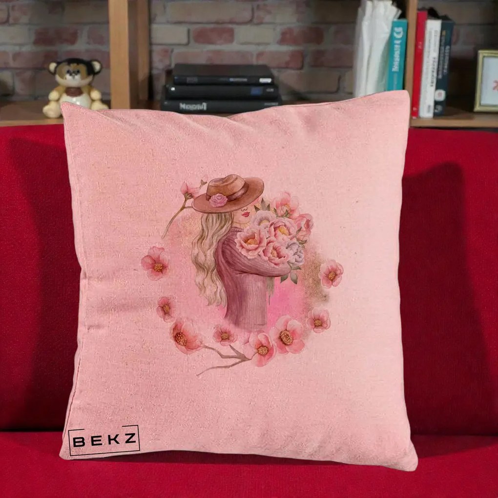 Perna Decorativa Femeie cu Flori Roz Acuarela, 40x40 cm, Roz, Husa Detasabila, Perna Inclusa, BEKZ®