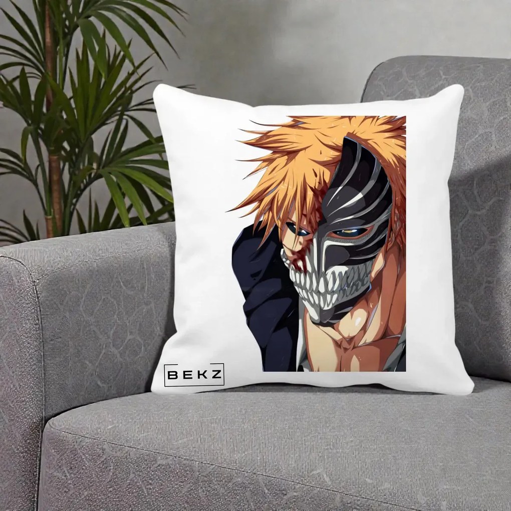 Perna Personalizata Bleach Ichigo Masca Hollow, 40x40 cm, Alba Mata, Husa Detasabila, Perna Inclusa, BEKZ®