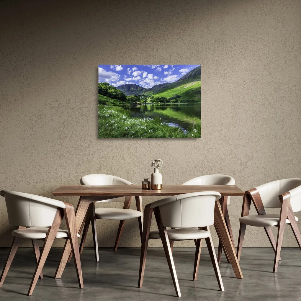 Tablou pe sticlă - Peisaj cu un lac (70x50 cm)