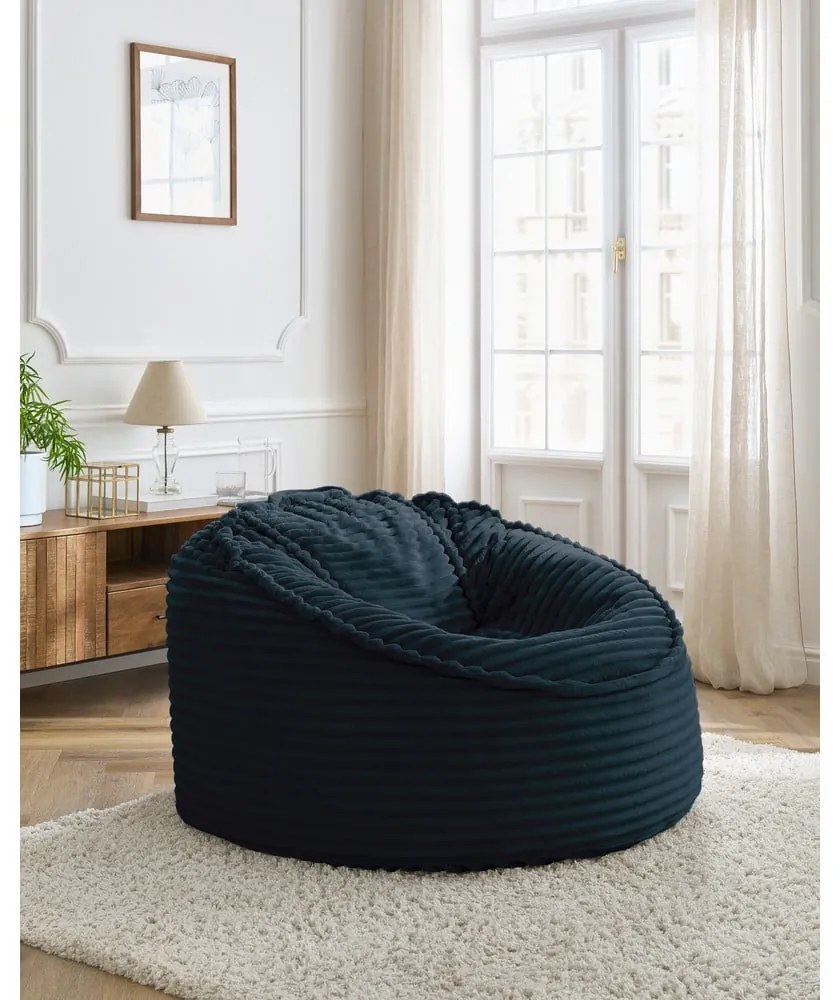 Fotoliu bean bag albastru închis cu tapițerie din catifea reiată Socrate – Bobochic Paris