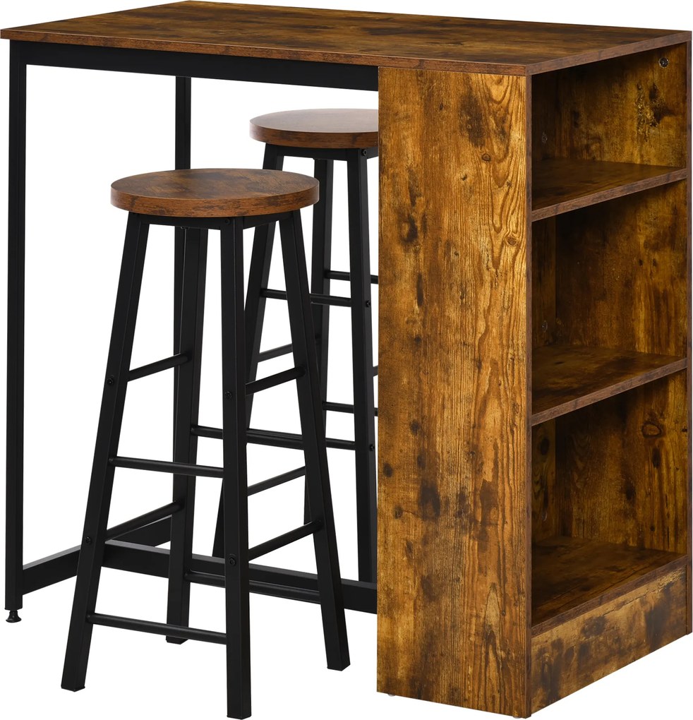HOMCOM Set de Masă de Bar și Scaune cu Raft de Depozitare, 91x49x91 cm, Maro Rustic | Aosom Romania