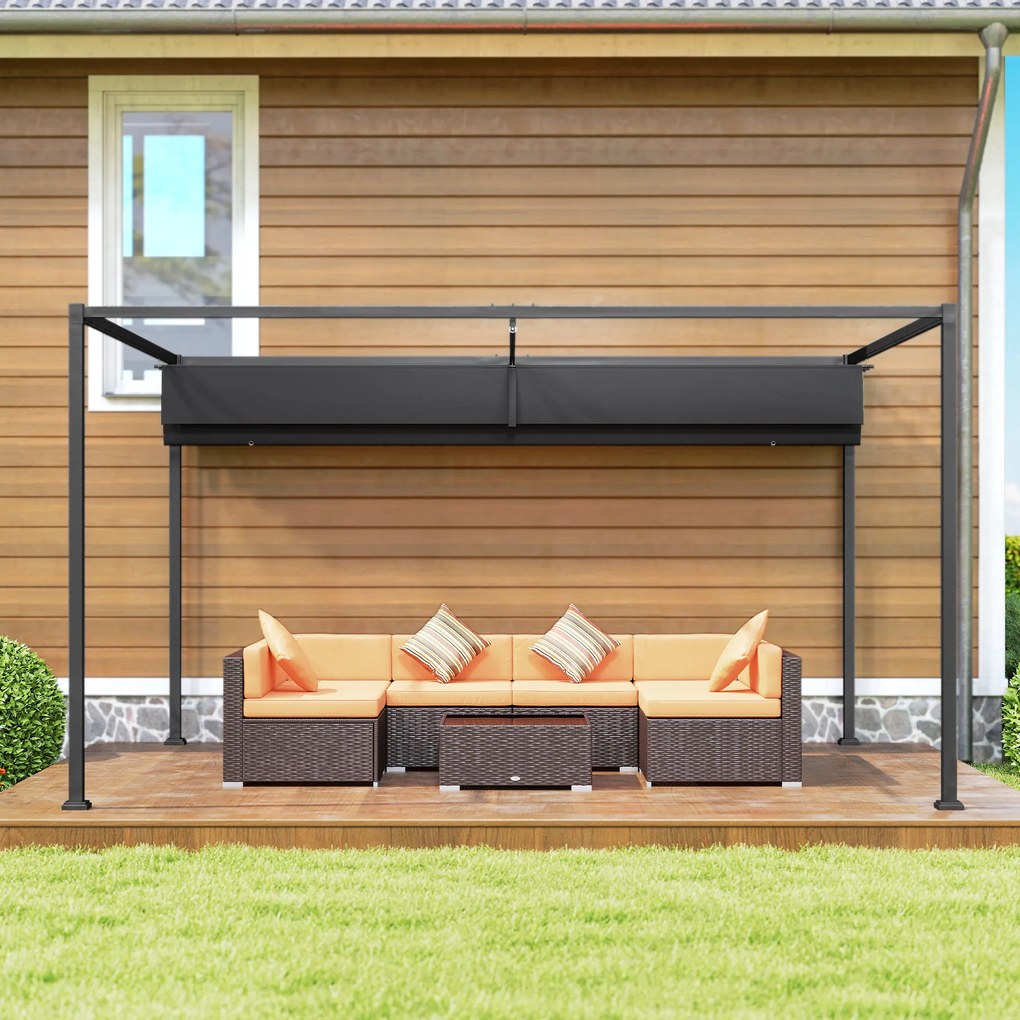 Outsunny Pergolă 3x2 m cu Acoperiș Retractabil, Orificii de Drenaj, Țepușe și Șuruburi, Pergolă de Grădină din Poliester și Metal, pentru Terasă, Curte, Exterior, Negru | Aosom Romania