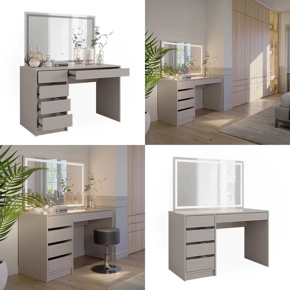 Masuta machiaj cu Oglinda LED si 5 Sertare pentru Cosmetice, Set Masa toaleta 120 cm, masuta cosmetica, vanity - SEC214