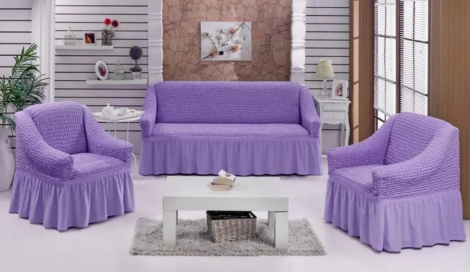 Set huse elastice si creponate pentru canapea 3 locuri si 2 fotolii, cu volanas, culoare Lila