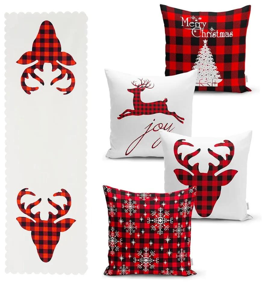 Set 4 fețe de pernă și un napron de masă cu model de Crăciun Minimalist Cushion Covers Christmas Tartan