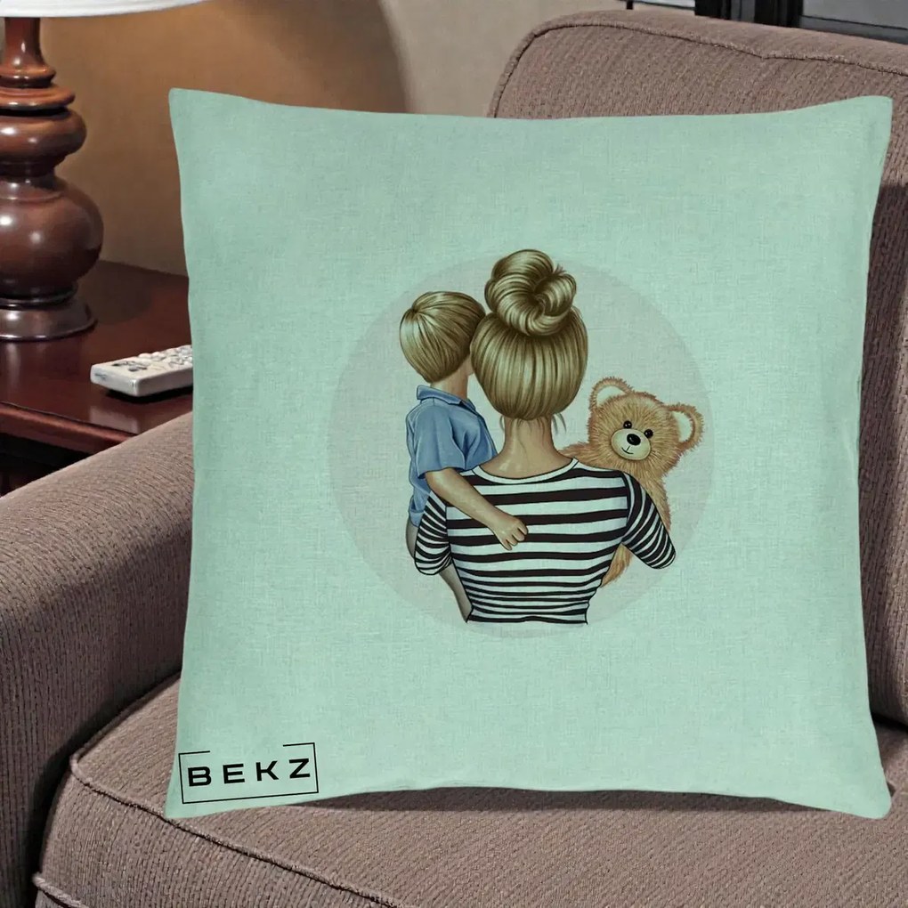 Cadou pentru Mama - Perna Personalizata Mama si Baietelul cu Ursulet, 40x40 cm, Verde Menta, Husa Detasabila, Perna Inclusa, BEKZ®