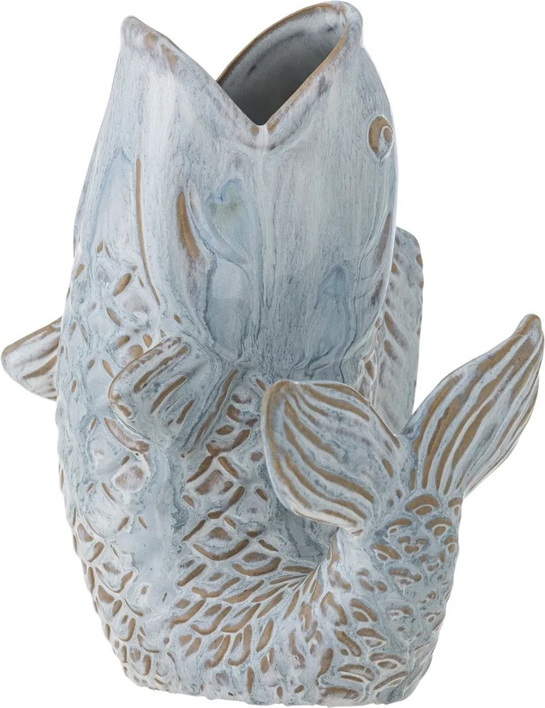 Vază din ceramică albastră, în formă de pește, cu solzi în relief, „Hiro", 17 x 13,5 x 21 cm