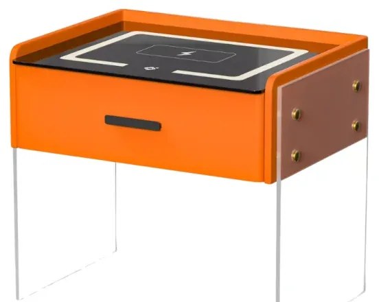 Noptieră inteligentă cu &icirc;ncărcare wireless, iluminare LED, 1 sertar de depozitare &ndash; portocalie, design modern din sticlă și lemn