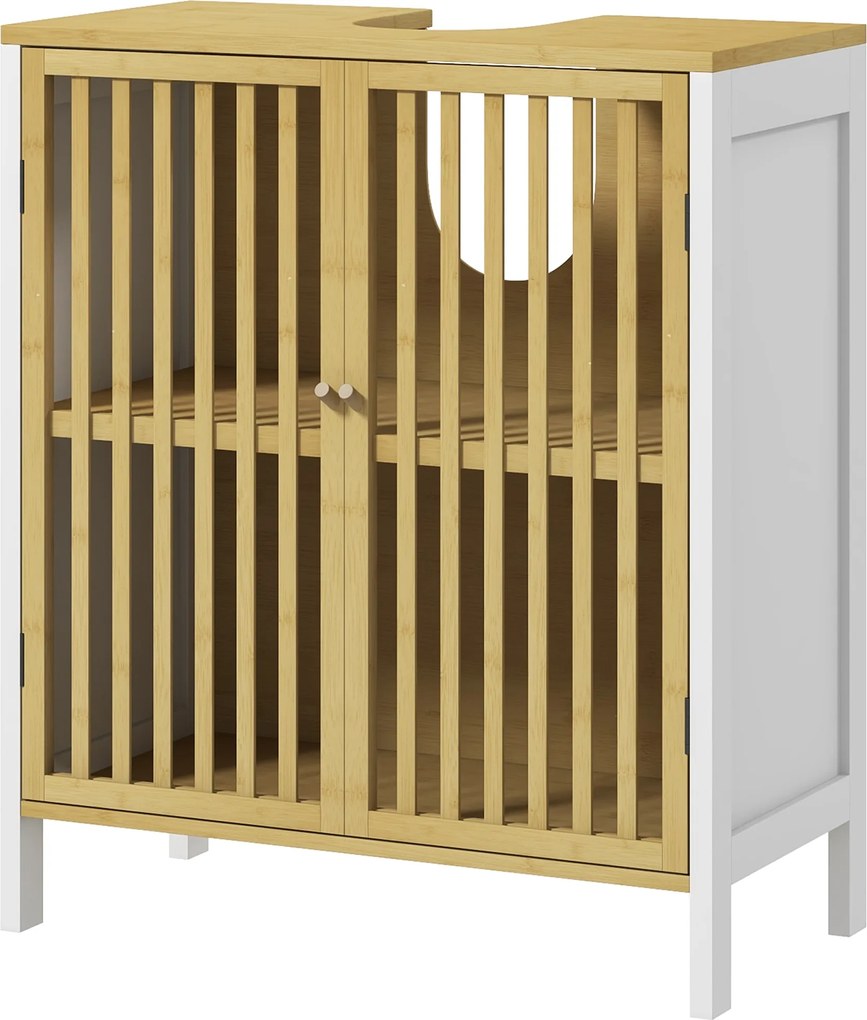 HOMCOM Dulap sub lavoar 2 uși cu raft reglabil dulap de depozitare pentru lavoar 60 x 30 x 70 cm MDF și bambus | Aosom Romania