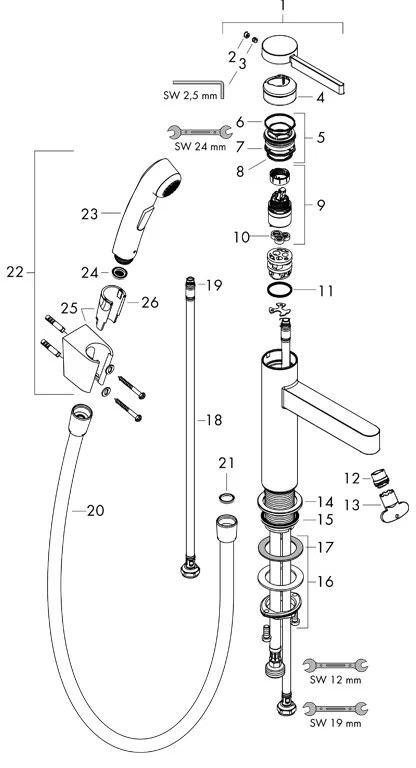 Baterie lavoar cu dus igienic, Hansgrohe, Finoris, cu ventil, negru mat