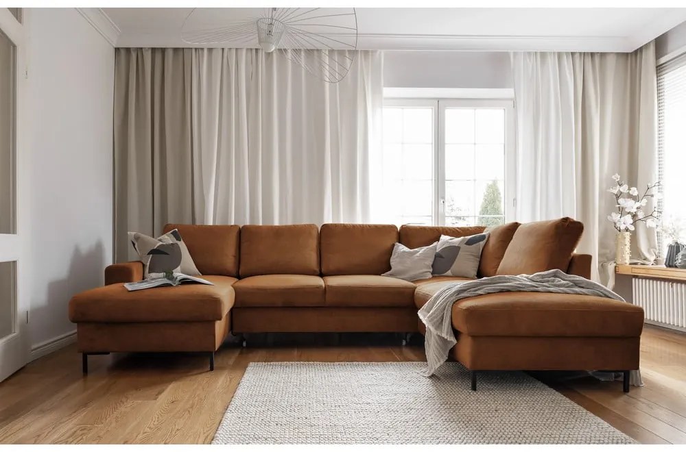 Colțar portocaliu/maro extensibil cu tapițerie din catifea reiată (cu colț pe partea dreaptă) Lofty Lilly – Miuform