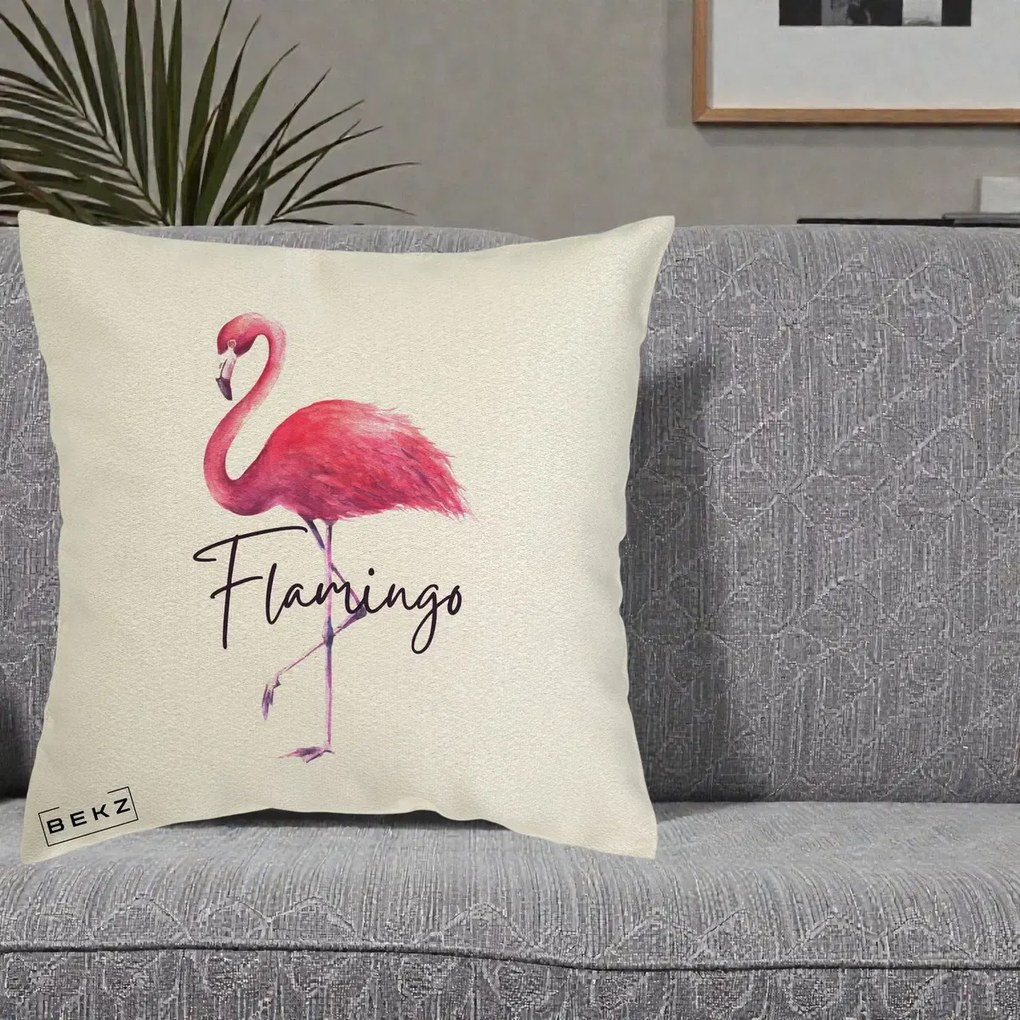 Perna Decorativa Flamingo Acuarela, 40x40 cm, Ecru, Husa Detasabila, Perna Inclusa, BEKZ®