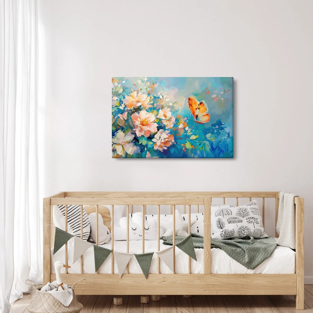 Tablou - Fluture și flori, pictură în ulei II. (90x60 cm)