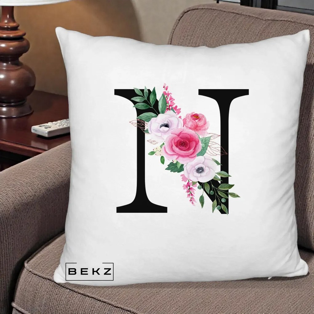 Cadou Personalizat - Perna Personalizata Monograma Florala Litera N, 40x40 cm, Alb Pufos, Husa Detasabila, Perna Inclusa, BEKZ®