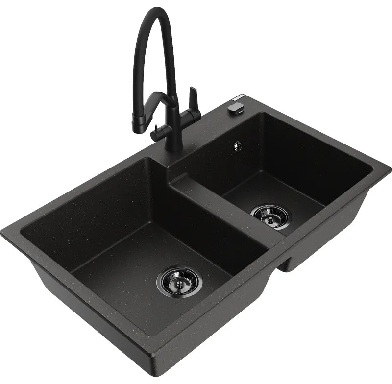 Mexen Tomas chiuvetă de granit cu două compartimente și baterie de bucătărie Duo, negru/auriu metalizat