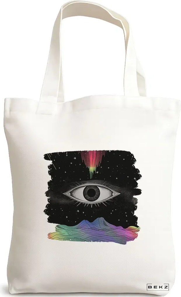 Sacosa de Panza pentru Cumparaturi, Geanta Tote, model Celestial Eye 10, 38x34.5 cm, Alba, BEKZ®