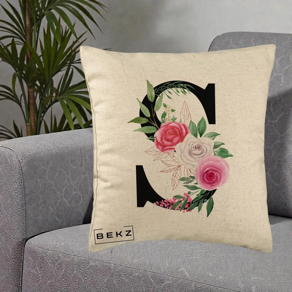 Cadou Personalizat - Perna Personalizata Monograma Florala Litera S, 40x40 cm, Bej, Husa Detasabila, Perna Inclusa, BEKZ®