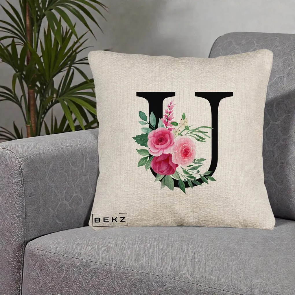 Cadou Personalizat - Perna Personalizata Monograma Florala Litera U, 40x40 cm, Bej Canapea, Husa Detasabila, Perna Inclusa, BEKZ®