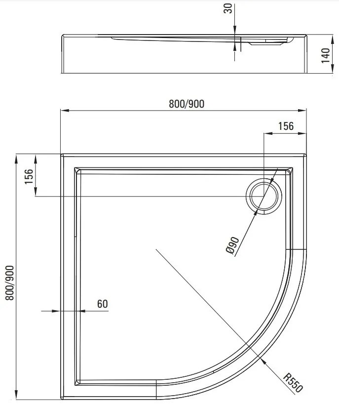 Cadita dus semirotunda Deante Jasmin alb 90 cm