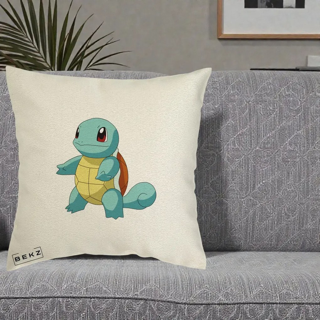 Perna Personalizata Squirtle Pokemon, 40x40 cm, Ecru, Husa Detasabila, Perna Inclusa, BEKZ®