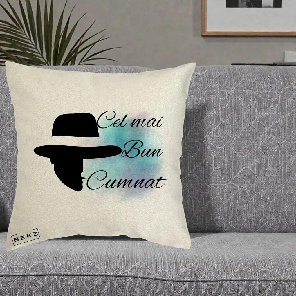 Cadou pentru Cumnat - Perna Personalizata Cel mai Bun Cumnat cu Silueta Palarie si Pete Teal-Roz, 40x40 cm, Ecru, Husa Detasabila, Perna Inclusa, BEKZ®