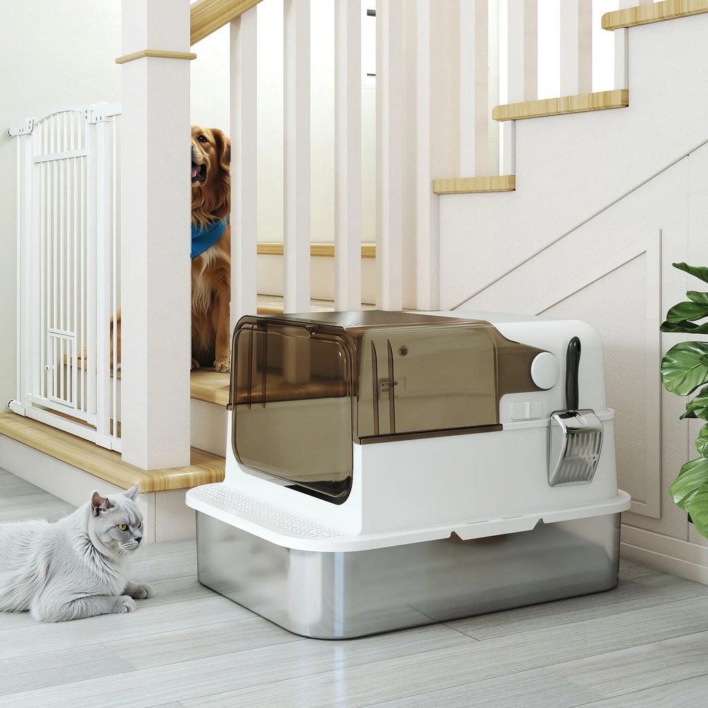 PawHut Litieră închisă din oțel inoxidabil pentru pisici, casă de toaletă pentru pisici cu paletă, 70 x 50 x 46,5 cm, alb | Aosom Romania