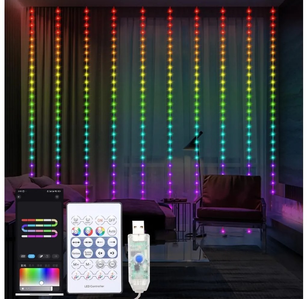 Perdea LED RGB dimabilă de Crăciun WIZARD 300xLED/USB 3x3m + telecomandă