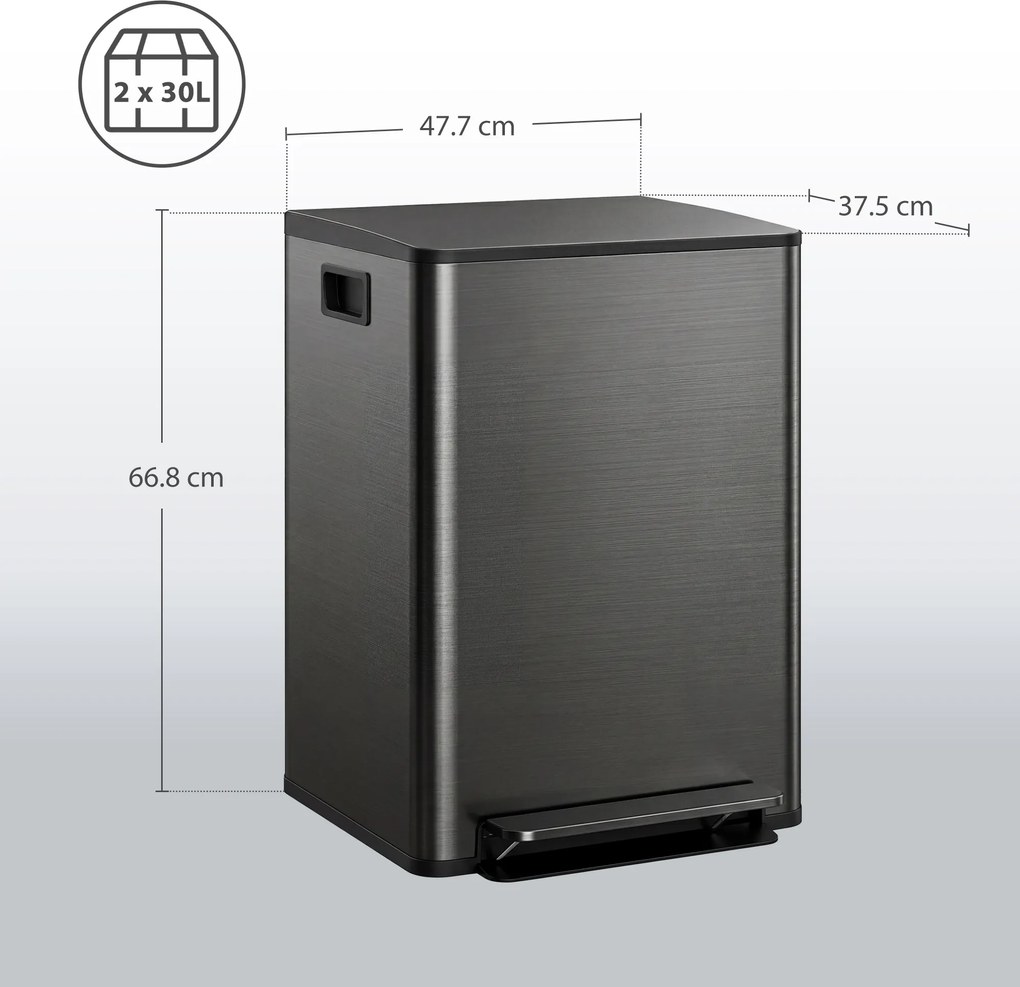 HOMCOM Coș de gunoi de bucătărie 2 compartimente 2 x 30L, oțel inoxidabil, capac cu închidere silențioasă, 47,7x37,5x66,8cm, negru | Aosom Romania