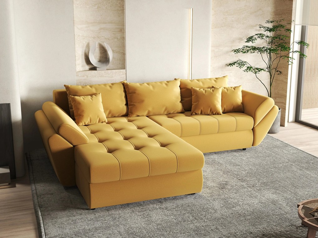 Colțar extensibil dumonde cu ladă de depozitare si sezut confortabil din spuma high-density, Loana Royal Muștar 270x185 cm