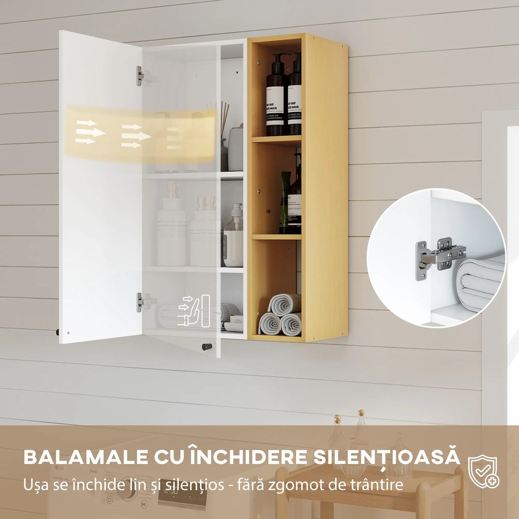 HOMCOM Dulap de Baie Suspendat cu Uși Soft Close, Dulap de Baie Suspendat cu Rafturi Reglabile și 3 Rafturi Deschise, 59.5x30x90 cm, Alb și Culoare Lemn | Aosom Romania