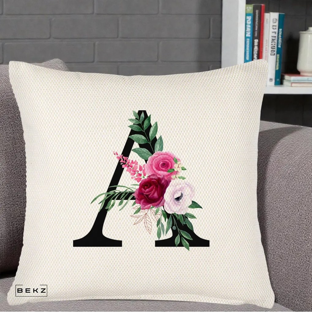 Cadou Personalizat - Perna Personalizata Monograma Florala Litera A, 40x40 cm, Crem Reliefat, Husa Detasabila, Perna Inclusa, BEKZ®