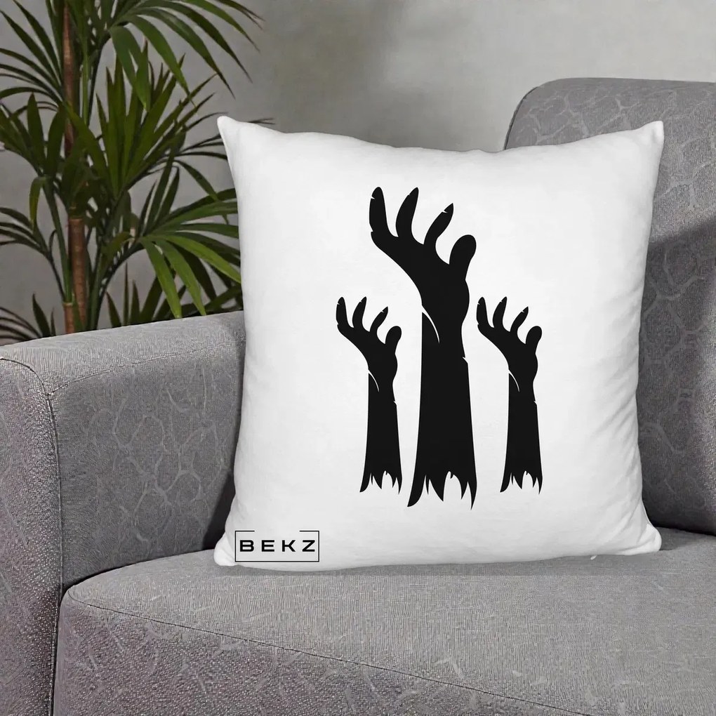 Perna Decorativa Halloween Maini Zombie Alb-Negru, 40x40 cm, Alb Pufos, Husa Detasabila, Perna Inclusa, BEKZ®