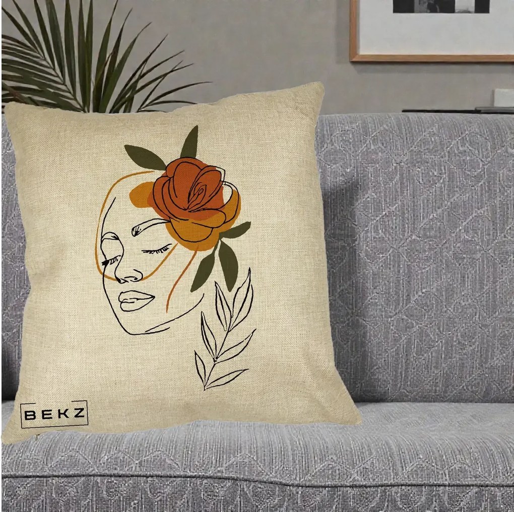 Perna Decorativa Portret Feminin Trandafir Ruginiu, 40x40 cm, Crem, Husa Detasabila, Perna Inclusa, BEKZ®