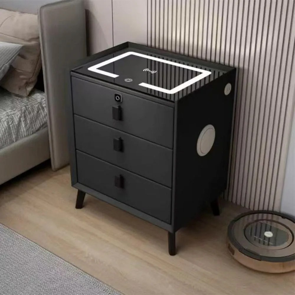 Noptieră inteligentă multifuncțională, 3 sertare, blocare cu amprentă, LED-uri tactile, 3 tipuri de culoare, încărcare fără fir, Difuzor Bluetooth, incarcare USB, sticla securizata, Negru