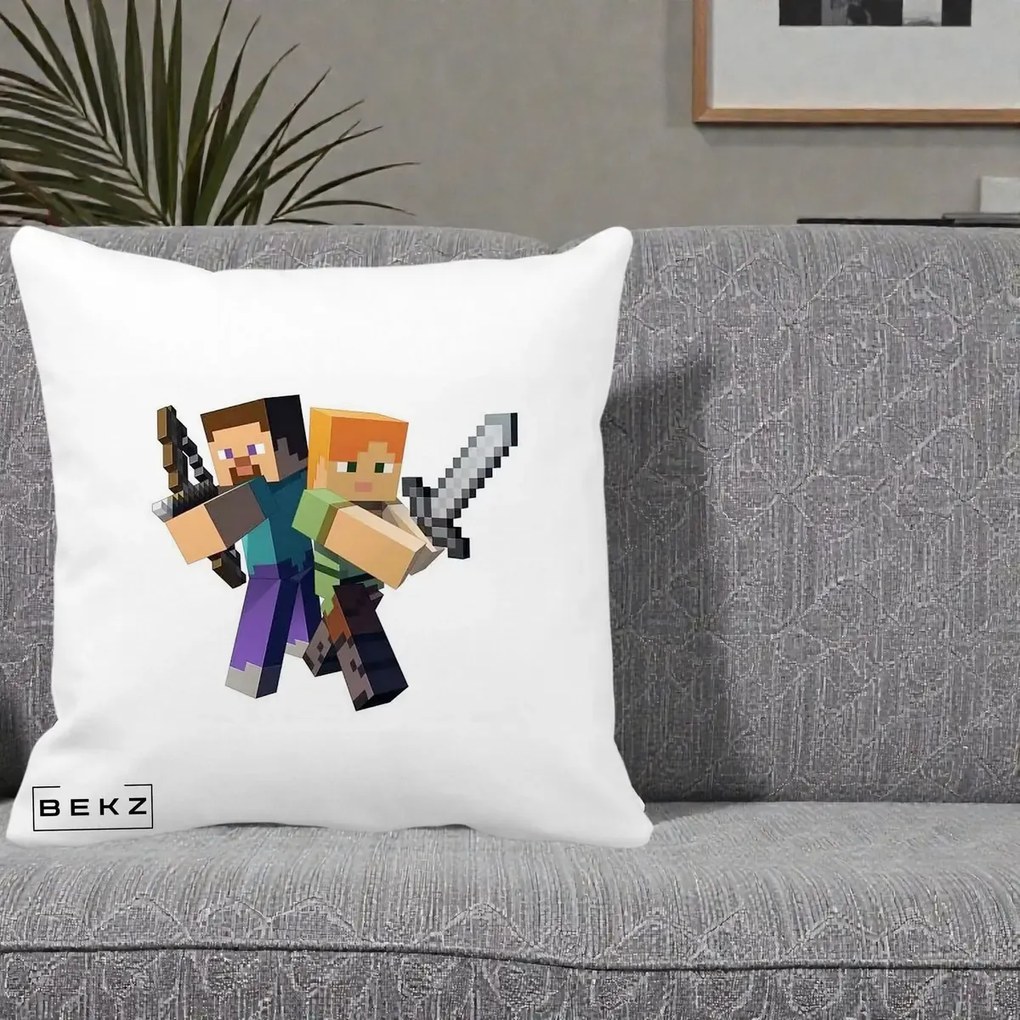 Perna Personalizata Minecraft Steve si Alex, 40x40 cm, Alba Mata, Husa Detasabila, Perna Inclusa, BEKZ®