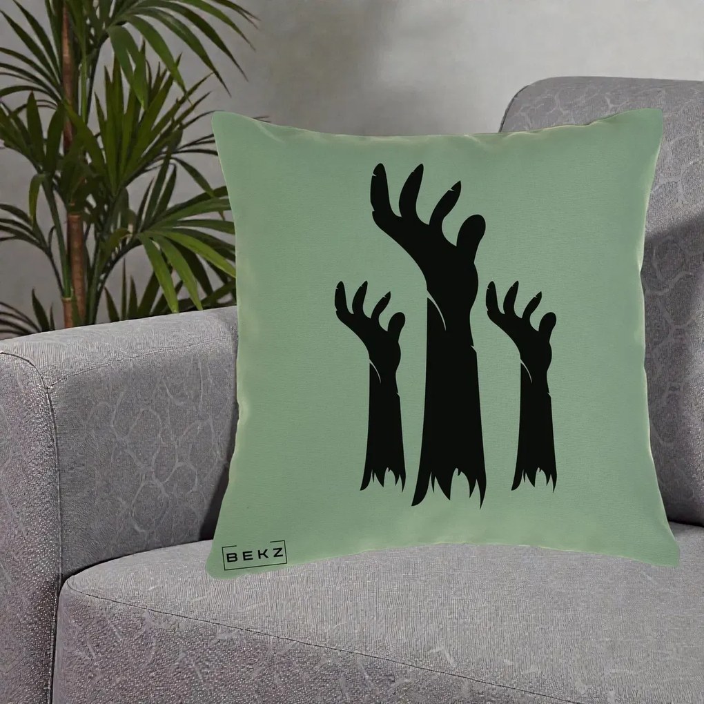 Perna Decorativa Halloween Maini Zombie Alb-Negru, 40x40 cm, Verde, Husa Detasabila, Perna Inclusa, BEKZ®