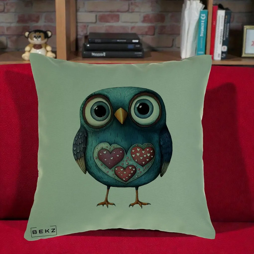 Perna Decorativa Bufnita Teal cu Doua Inimi, 40x40 cm, Verde, Husa Detasabila, Perna Inclusa, BEKZ®