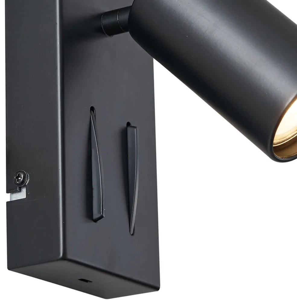 Lampă de perete modernă neagră cu 2 lumini, înclinabilă, cu port USB-C - Lesly