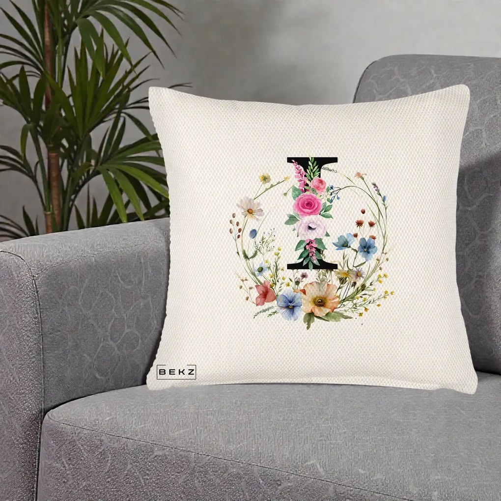 Cadou Personalizat - Perna Personalizata Monogram Litera I cu Flori Acuarela, 40x40 cm, Crem Reliefat, Husa Detasabila, Perna Inclusa, BEKZ®